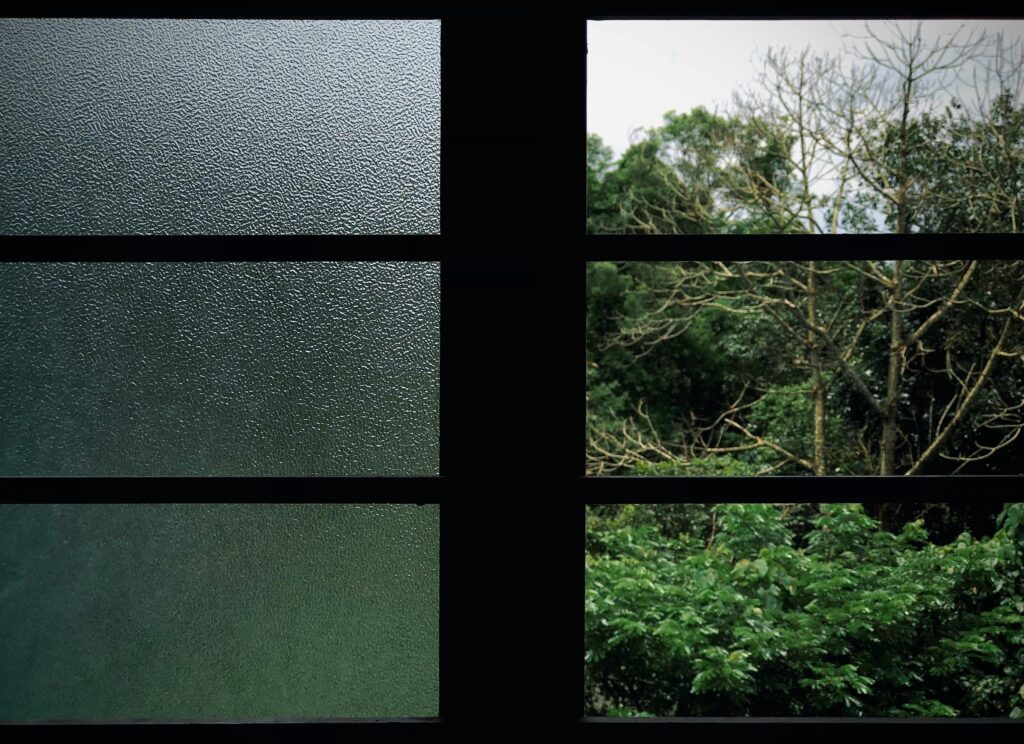 A tranquil garden view through a textured window, blending indoor and outdoor elements.